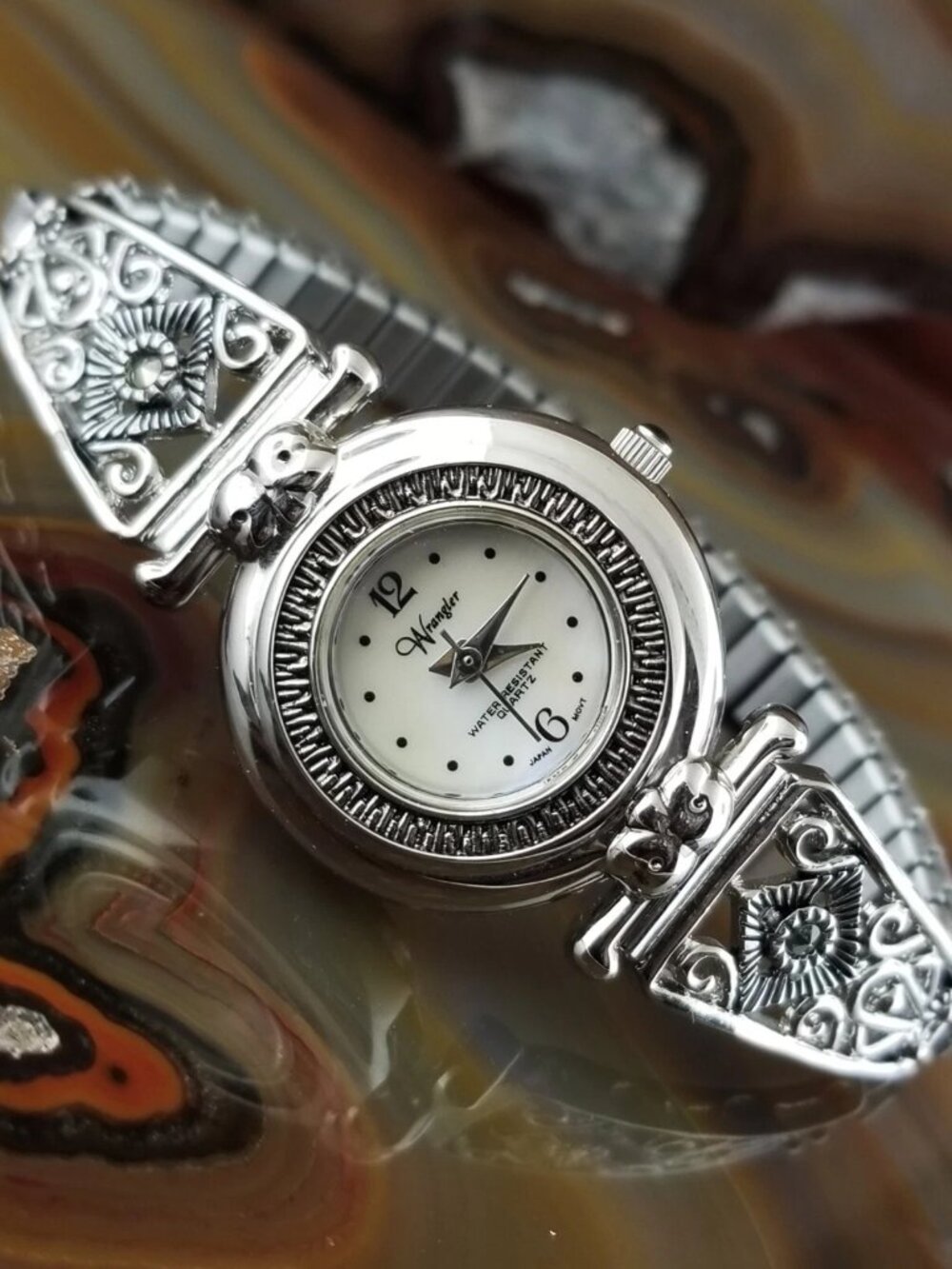 New Womens WRANGLER Silver Filigree Stretch Band Watch